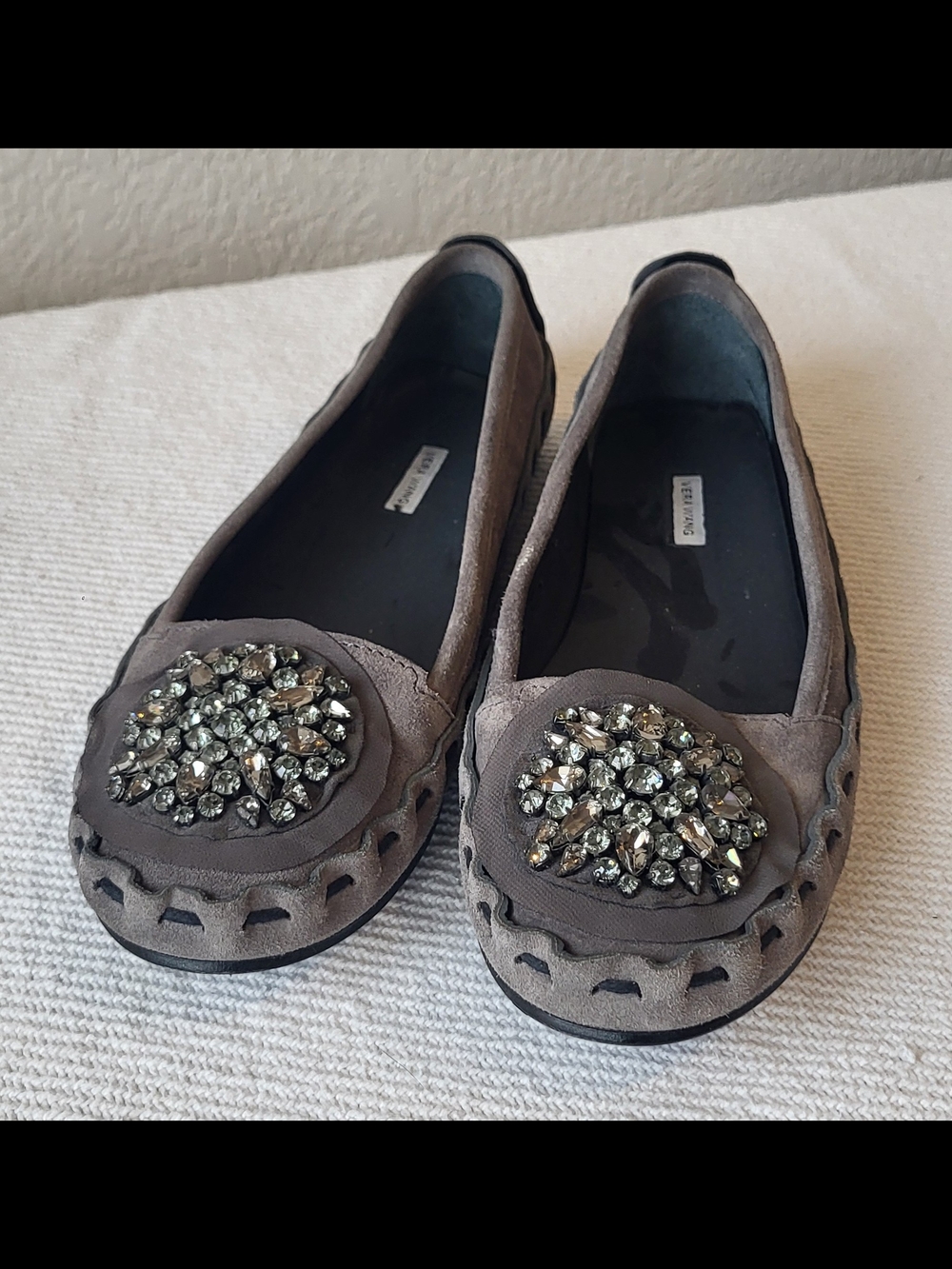 Vera Wang Gray Jeweled Suede Slip-On Flats